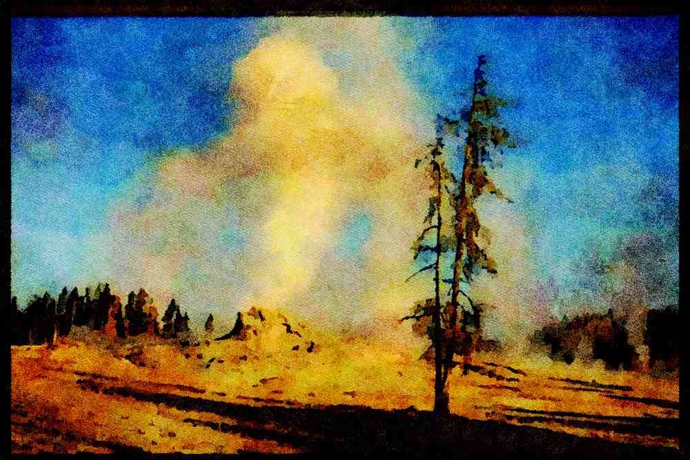 736056 White Steam, Upper Geyser Basin, Yellowstone National Park, U.S.A. A4 Limited Edition Watercolour Print