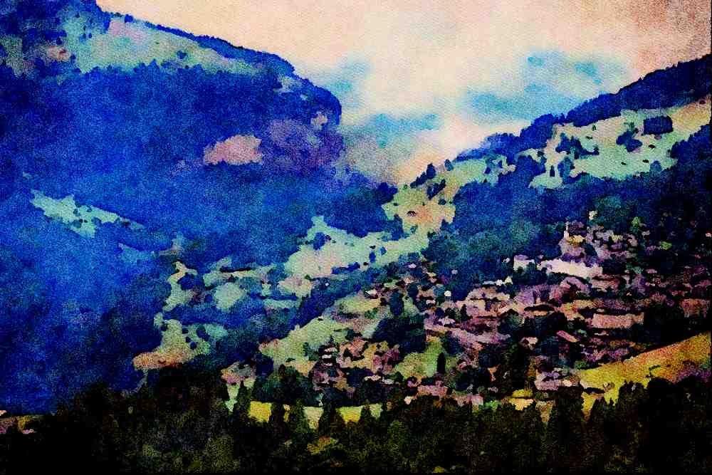 736063 Lauterbrunnen, Switzerland A4 Limited Edition Watercolour Print