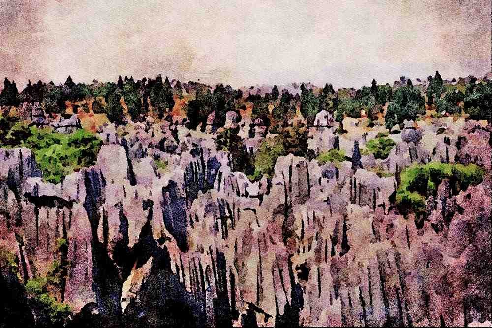 738049 Stone Forest Gray Limestone Pillars, Kummin, Southern China A4 Limited Edition Watercolour Print