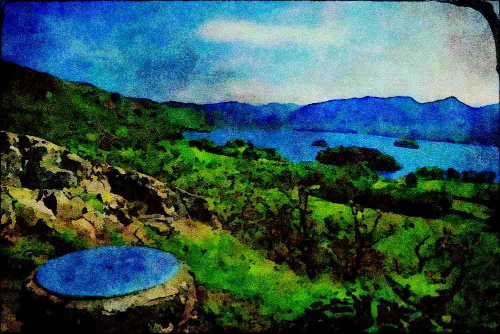 738085 View Over Derwentwater From Summit Of Castlehead, Cumbria, U.K. A4 Limited Edition Watercolour Print