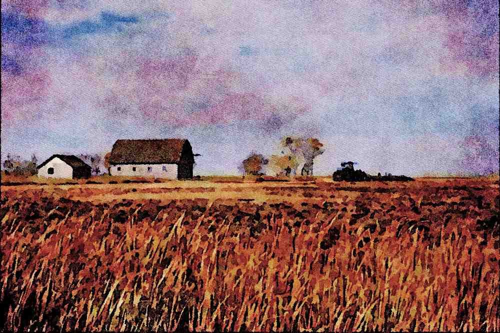 739055 Prairie Farm Scene, Highway 220, Manitoba, Canada A4 Limited Edition Watercolour Print