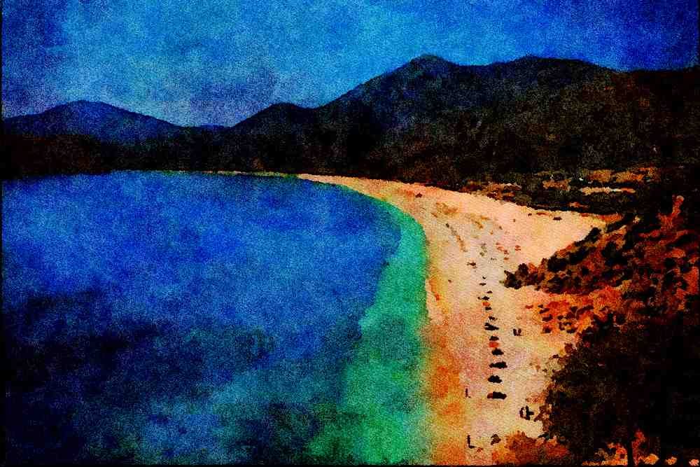 739097 Town Beach, Olu Deniz, Turkey A4 Limited Edition Watercolour Print