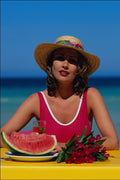 745082 Woman Eating Watermelon On Beach A4 Photo Print