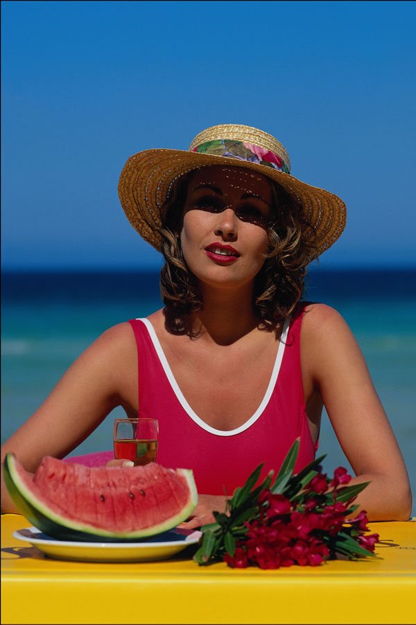 745082 Woman Eating Watermelon On Beach A4 Photo Print