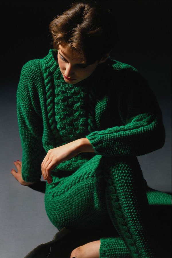 749048 Woman In Green Knitted Lounging Suit A4 Photo Print