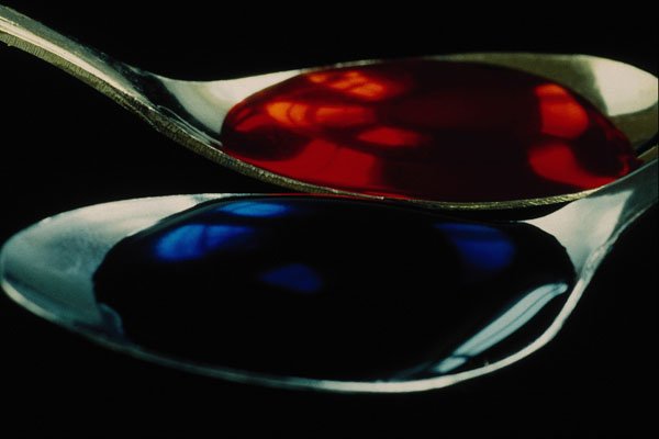 762095 Spoons With Blue And Red Liquid A4 Photo Print