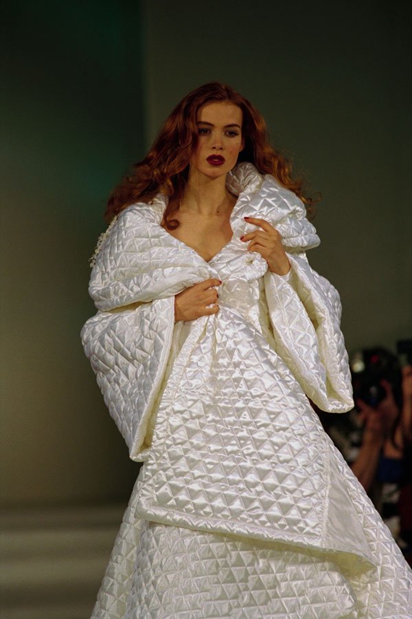 766062 Female Wearing Long White Slip Dress And Large Quilt Overcoat A4 Photo Print