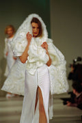 766064 Female In Tight White Split front Dress With Fur Shawl A4 Photo Print