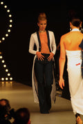 766065 Female In Blue Denim Jeans With Long Jacket Open At Front A4 Photo Print