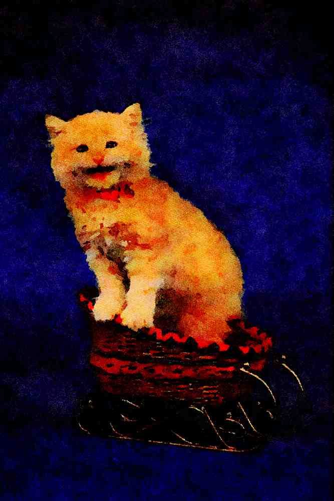 771000 Orange Tabby Kitten In Christmas Basket, Blue Background A4 Limited Edition Watercolour Print