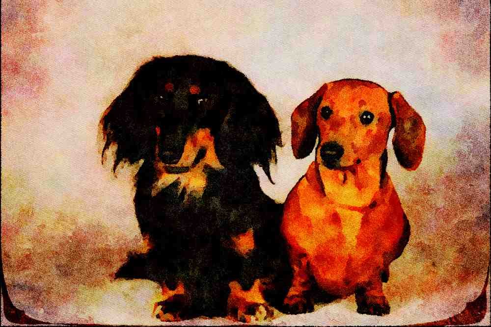 771039 Long Haired And Smooth Haired Dachshunds A4 Limited Edition Watercolour Print