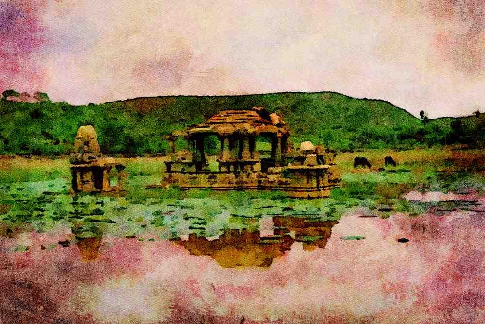 776004 Nagda, Temple In Tank, Northern India A4 Limited Edition Watercolour Print