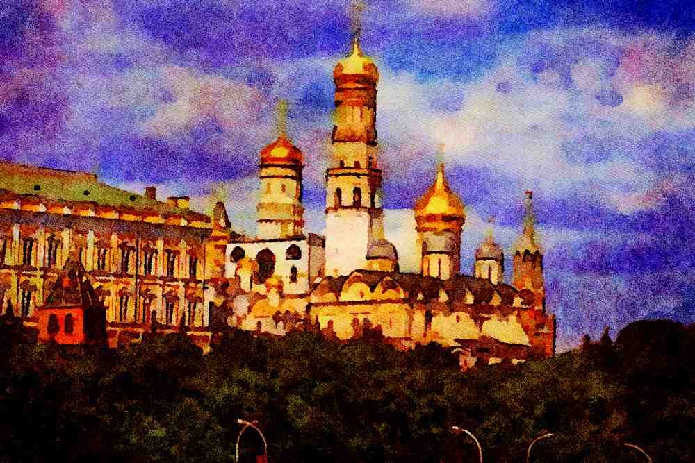 776023 View Of Cathedral Square, The Kremlin, Russia A4 Limited Edition Watercolour Print