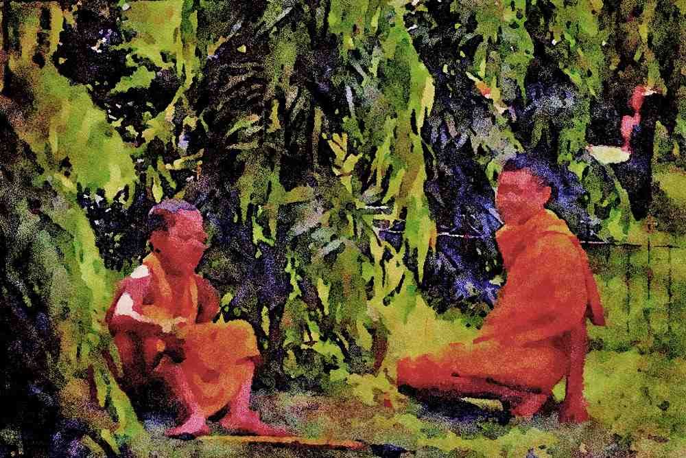 776059 Two Young Buddhist Priests, Chiang Mai, Thailand A4 Limited Edition Watercolour Print