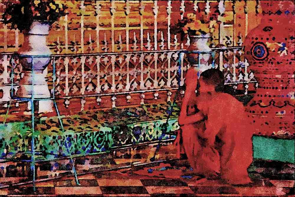 776069 Monk At Prayer, Myanmar A4 Limited Edition Watercolour Print