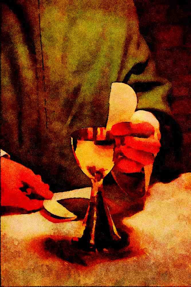 776076 Priest's Hands Breaking The Host Over Solid Gold Chalice At Mass A4 Limited Edition Watercolour Print