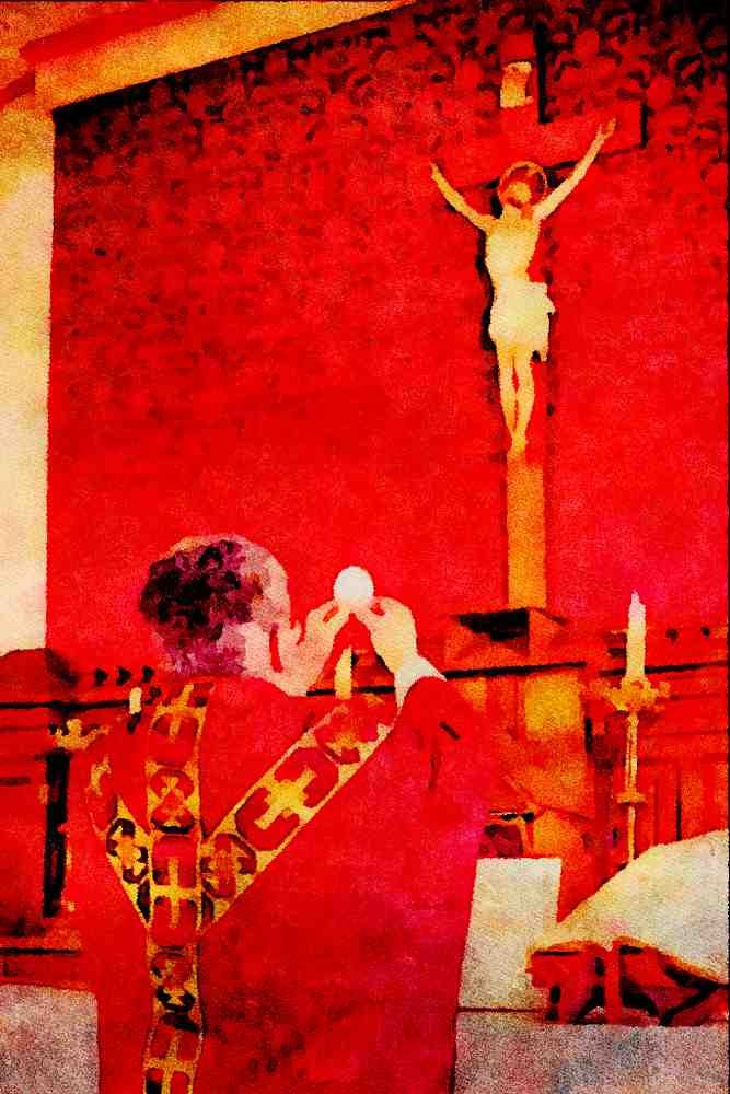 776077 Priest Elevating The Host At Altar During Mass A4 Limited Edition Watercolour Print