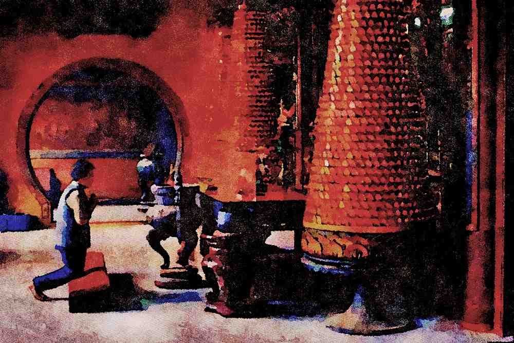 776088 Praying In The Matsu Temple, Lukang, Taiwan A4 Limited Edition Watercolour Print