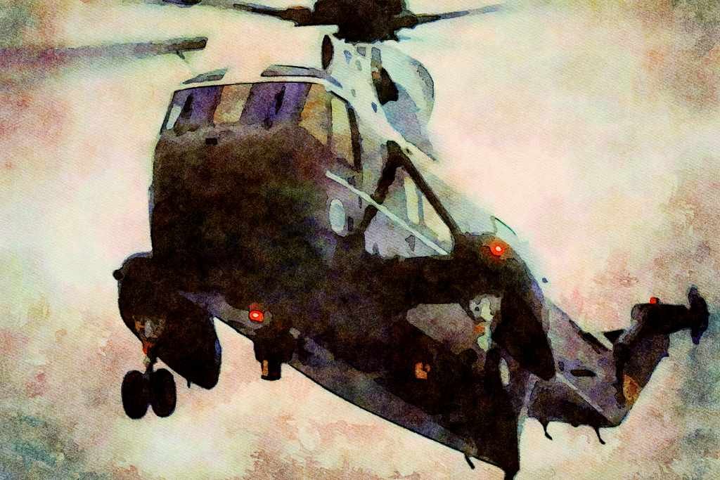 781021 Presidential Helicopter Arriving At Pointe Du Hoc A4 Limited Edition Watercolour Print