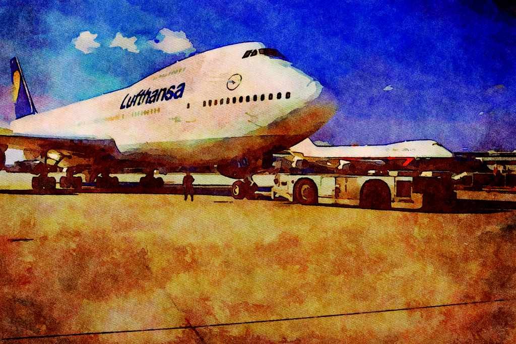 781024 Boeing 747 On The Ramp A4 Limited Edition Watercolour Print