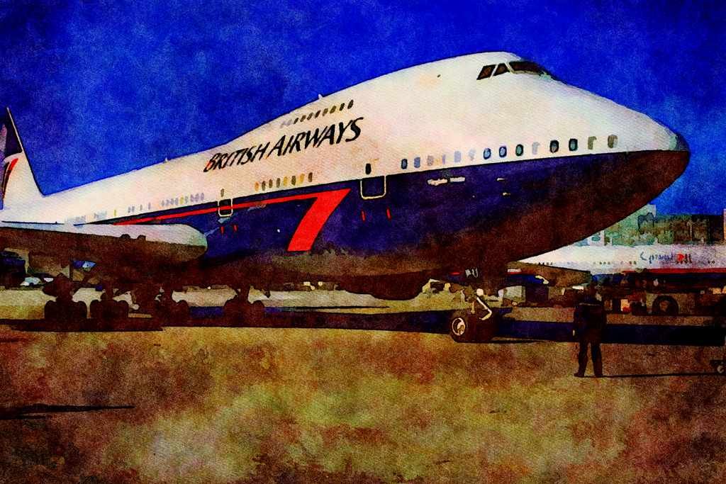 781025 Boeing 747 Taxiing To The Gate A4 Limited Edition Watercolour Print