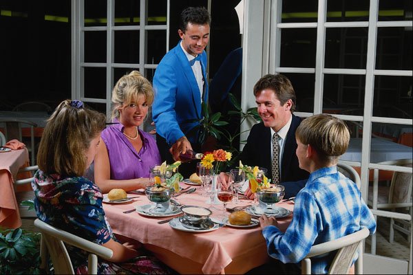 783004 Family Being Served By Waiter In Restaurant, Lanzarote, Spain A4 Photo Print