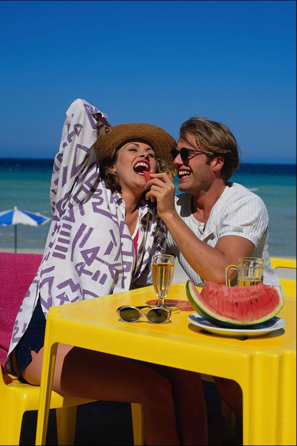 784013 Couple On Beach Eating Watermelon A4 Photo Print