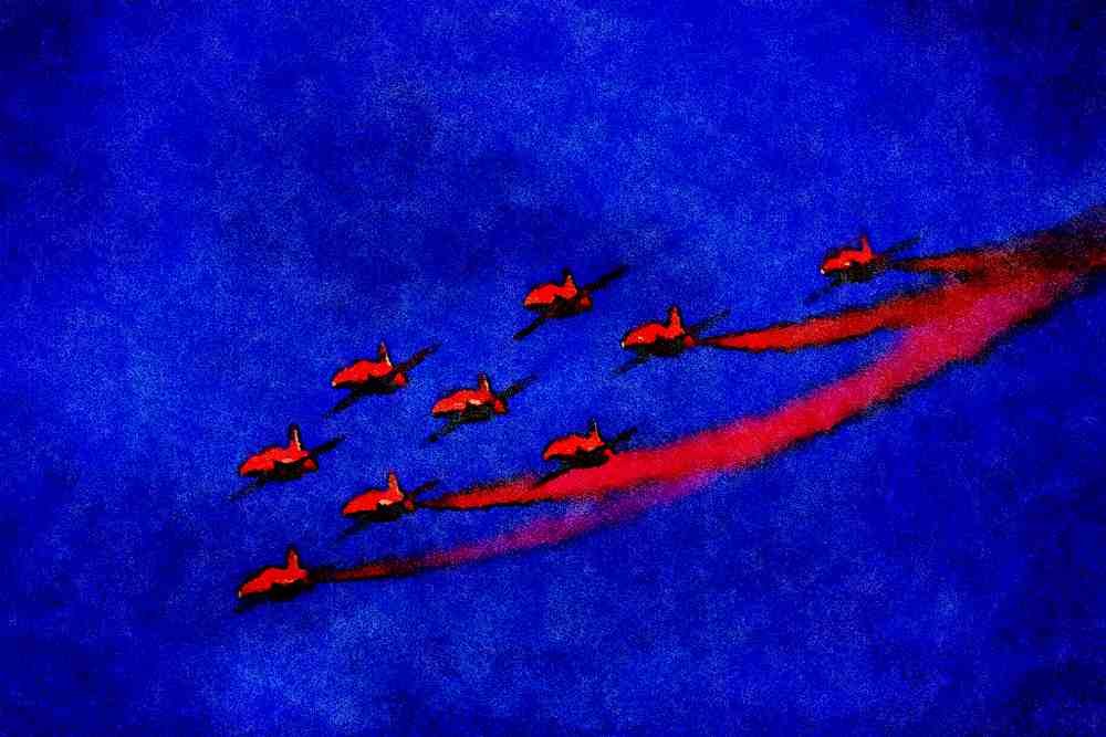 786076 Red Arrows And Hawk T1 A's In Formation, Royal Air Force, Lakenheath, U.K. A4 Limited Edition Watercolour Print
