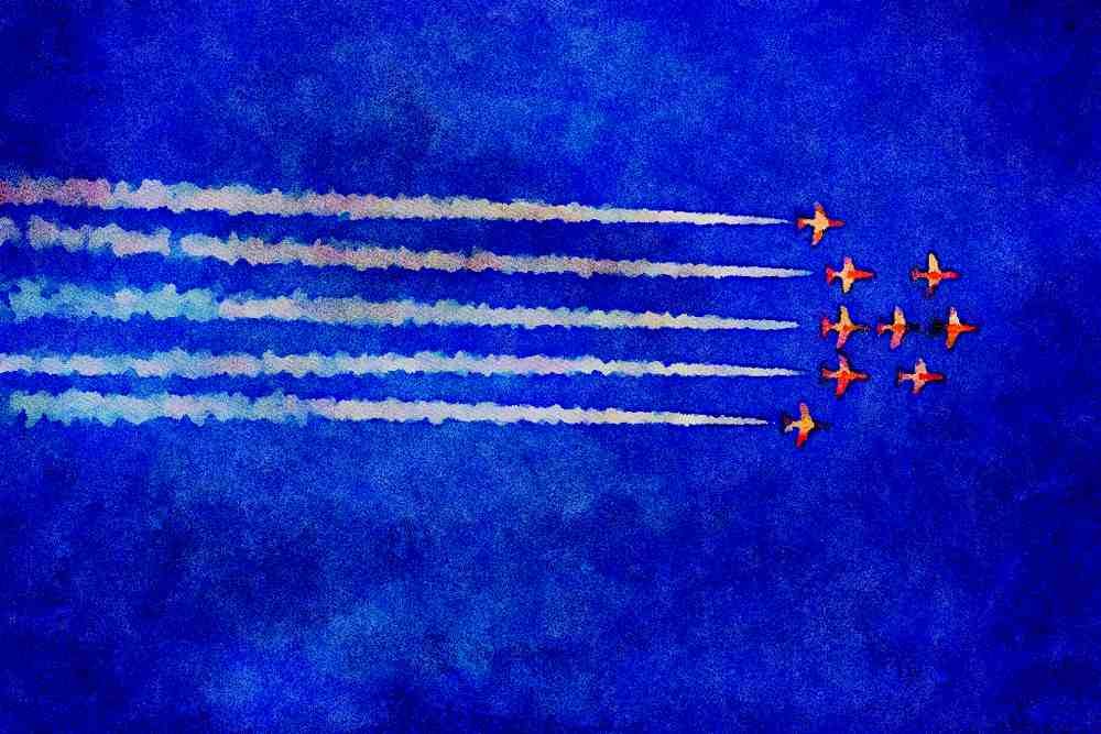 786097 Red Arrows Flying In Arrowhead Formation With Smoke Trails A4 Limited Edition Watercolour Print