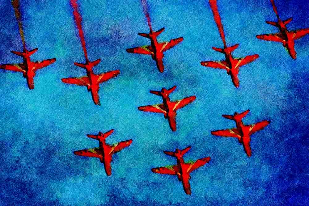 786098 Underside Of Red Arrows Flying In Close Formation A4 Limited Edition Watercolour Print