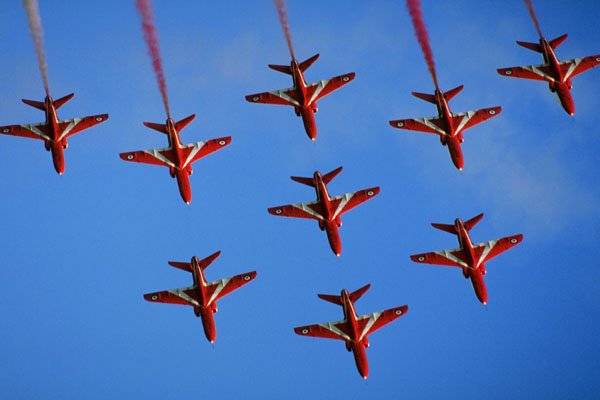 786098 Underside Of Red Arrows Flying In Close Formation A4 Photo Print