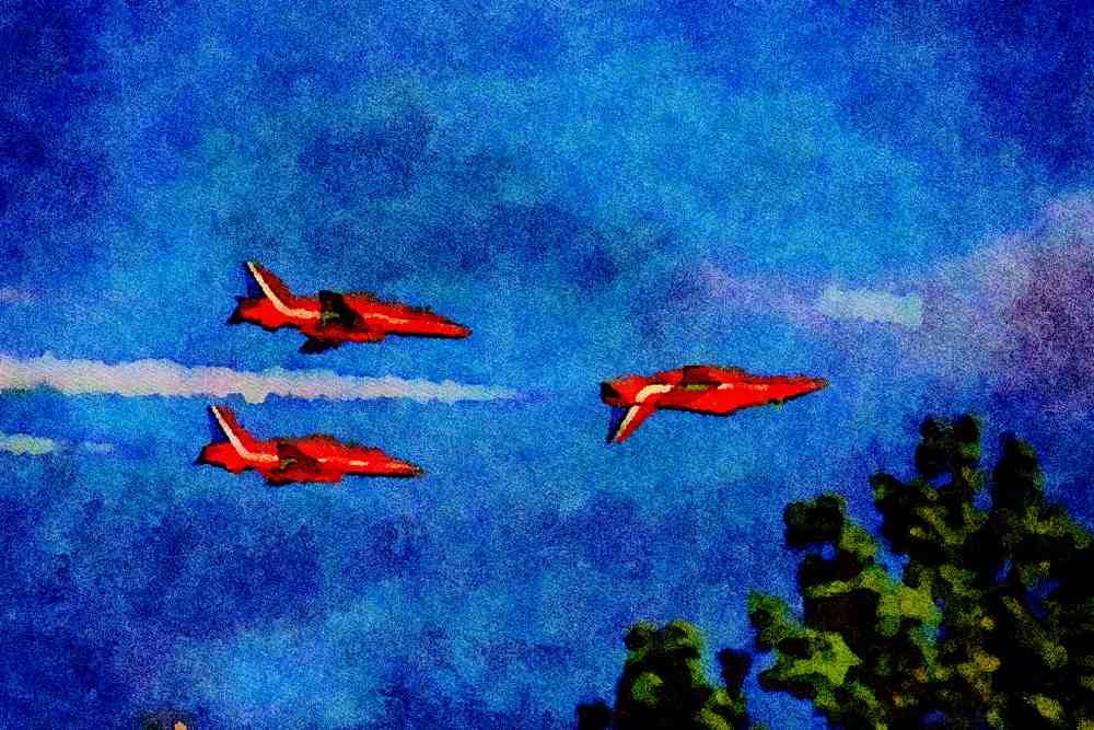 786099 Three Red Arrows, Inverted Flying Over Tree Tops A4 Limited Edition Watercolour Print