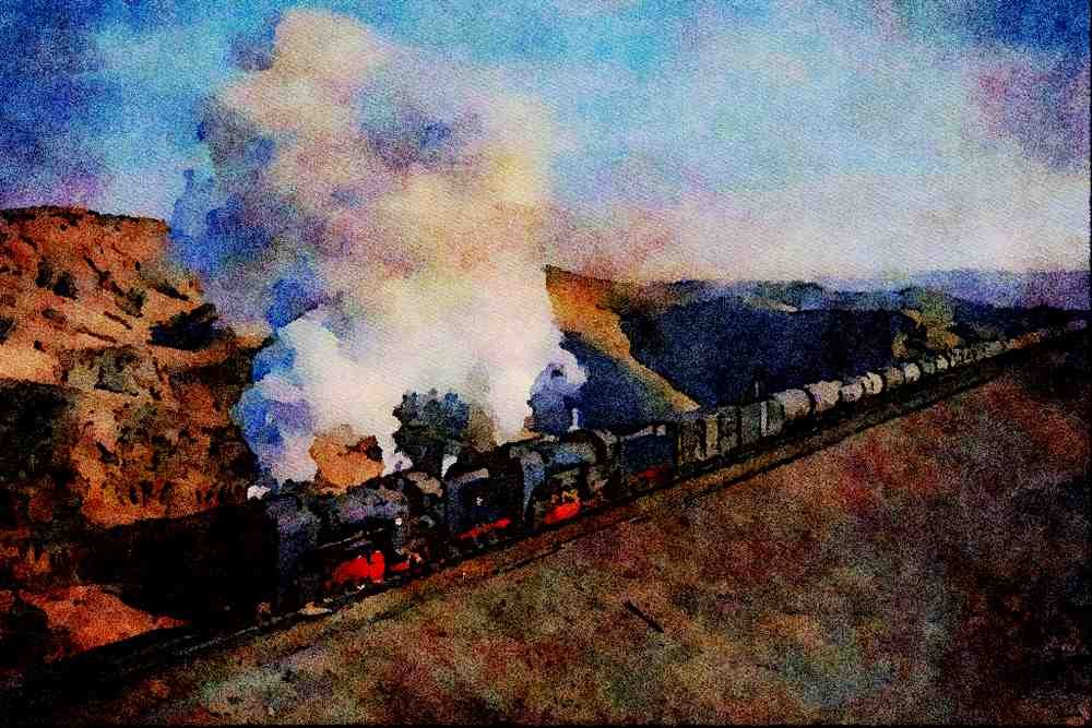788026 Two QJ's On Oil Train From Zhongwei, China A4 Limited Edition Watercolour Print