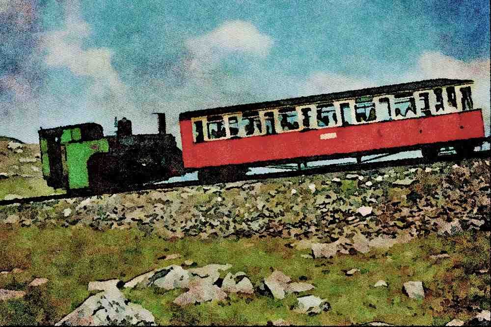 788041 The Snowdon Mountain Railway, No. 8 Eryri, With A Passenger Train A4 Limited Edition Watercolour Print