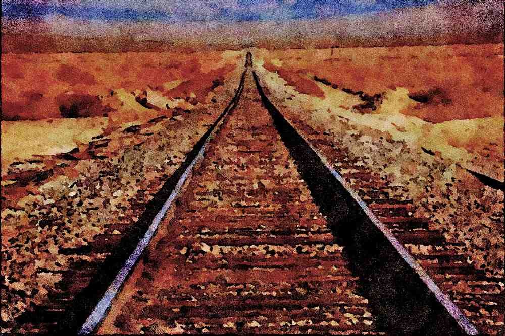 788073 Train Tracks, Mojave Desert, California, U.S.A. A4 Limited Edition Watercolour Print