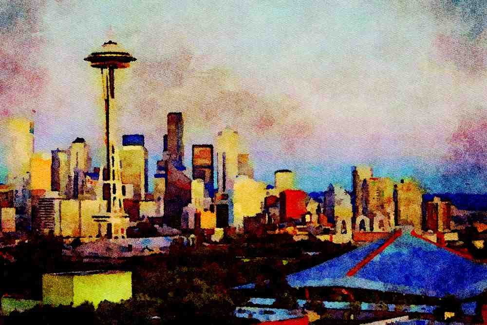 790020 Seattle With Mount Rainier, Washington State, U.S.A. A4 Limited Edition Watercolour Print