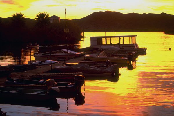 790043 Sunset Over Boat Dock At Fisher's Landing, Lower Colorado River, U.S.A. A4 Photo Print