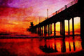 790054 Low Tide Reflections At Sundown, Huntington Beach Pier, California, U.S.A. A4 Limited Edition Watercolour Print