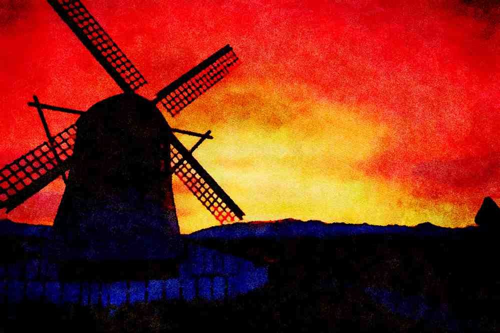 790063 Windmill Silhouette With Mountains, Skagit Valley, Washington State, U.S.A. A4 Limited Edition Watercolour Print
