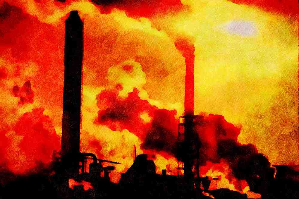 790079 Sunset On Pulp Mill Accentuates The Air Pollution It Produces A4 Limited Edition Watercolour Print