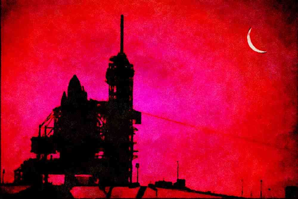 790093 Sunset Over Launch Pad With Shuttle, Kennedy Space Center, Florida, U.S.A. A4 Limited Edition Watercolour Print