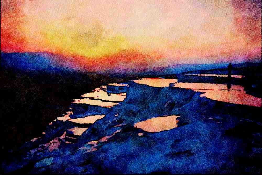 790098 Sunset Over The Travertines, Pammukale, Turkey A4 Limited Edition Watercolour Print