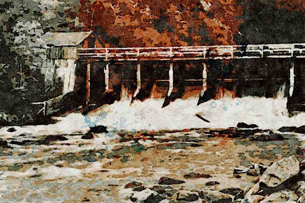 791012 River Dam And Walkway A4 Limited Edition Watercolour Print