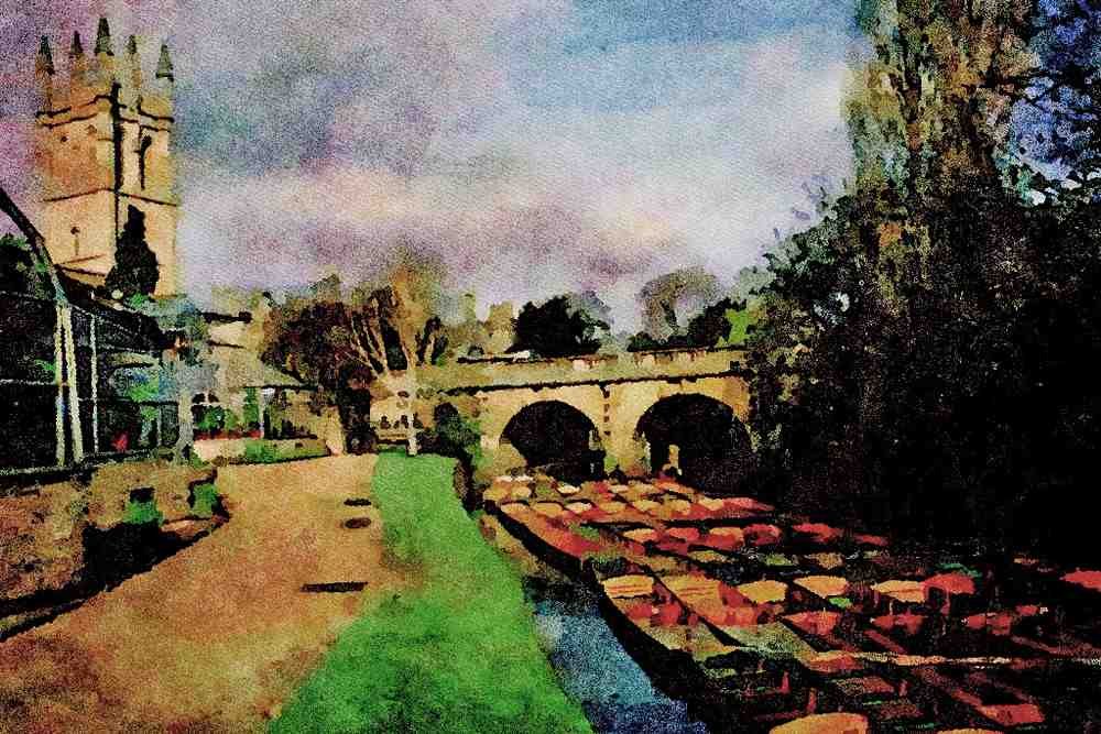 791018 Punts On The River Cherwell At Magdalen Bridge A4 Limited Edition Watercolour Print