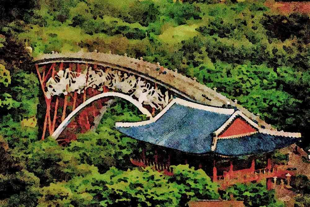 791032 Bridge And Korean House In Chesu Island A4 Limited Edition Watercolour Print