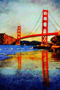 791041 Golden Gate Bridge Reflected On Beach, San Francisco, California, U.S.A. A4 Limited Edition Watercolour Print