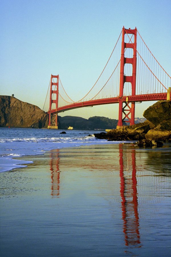 791041 Golden Gate Bridge Reflected On Beach, San Francisco, California, U.S.A. A4 Photo Print
