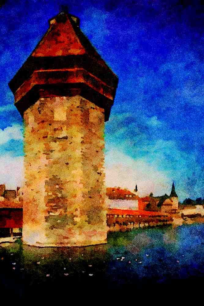 791063 View Of The Chapel Bridge In Lucerne, Switzerland A4 Limited Edition Watercolour Print