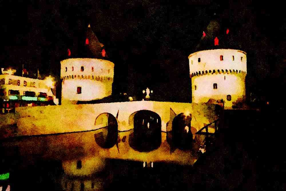 791074 Kortrijk Bridge At Night, Belgium A4 Limited Edition Watercolour Print