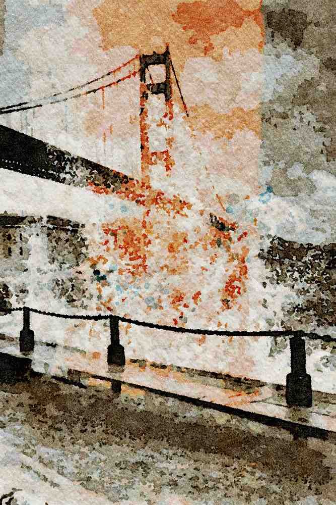 792000 Golden Gate Bridge And Wave Spray From The Seawall, San Francisco, U.S.A. A4 Limited Edition Watercolour Print